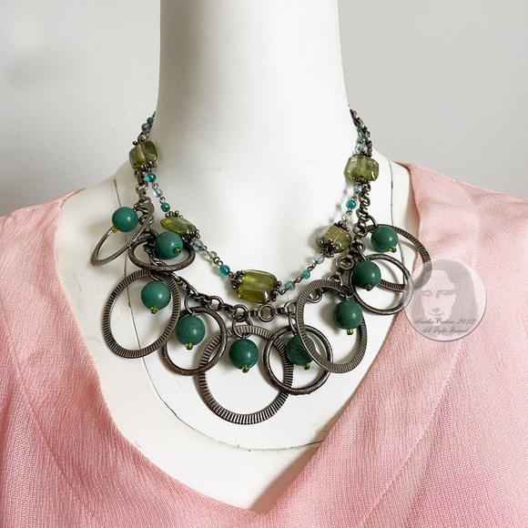 Treska Necklace Choker Beads Silver Metal Rings Stones Multi-Chain Mod Chic - Picture 2 of 10